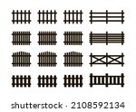 Black silhouette fences, wooden decorative border, graphic boundary. Garden or house wood fencing. Rural fence on farm for animal, barrier for garden. Vector illustration