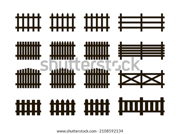 Black silhouette\
fences, wooden decorative border, graphic boundary. Garden or house\
wood fencing. Rural fence on farm for animal, barrier for garden.\
Vector illustration