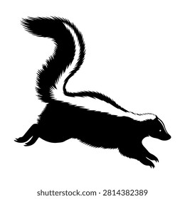 Black silhouette of a ferret in a dynamic pose, showcasing its elongated body and bushy tail against a plain white background.