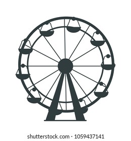 Black silhouette of Ferris Wheel with lots of colorless cabs for amusement park or children playground. Isolated vector illustration on white background