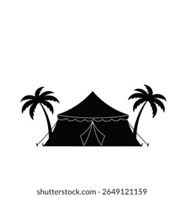 Silhueta preta de uma tenda do festival flanqueada por duas palmeiras em um fundo branco. Estilo de gráfico vetorial simples.
