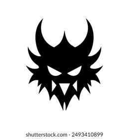 Black silhouette of a fierce, horned monster face with sharp features and an intense expression. Ideal for logos, tattoos, and graphic designs.