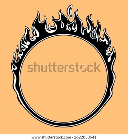 Black silhouette of fiery ring frame isolated on yellow background. Vector illustration in black and white vintage style. NOT AI generated