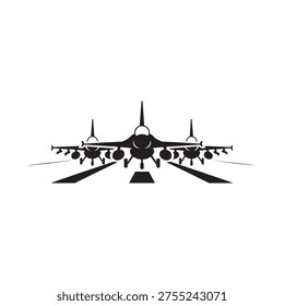 Black silhouette of a fighter jet facing forward wings outstretched