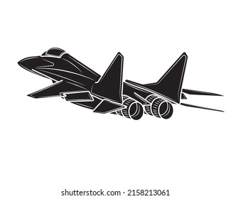 Silueta negra de un avión de combate aislado sobre un fondo blanco.Ilustración vectorial.
