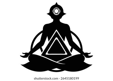 Black silhouette of a figure in a meditative pose centered within overlapping geometric shapes against a white background. The style is minimalist and symbolic.