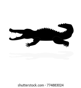 black silhouette figure, outlines of a crocodile with open herb and shadow, logo, vector illustration