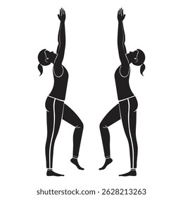 Black silhouette figures in various yoga poses triangle pose on plain white background vector.