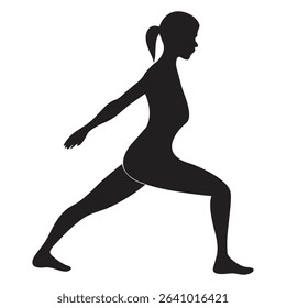 Black silhouette figures in various yoga poses such as tree pose, downward dog, cobra, warrior, and triangle pose on plain white background