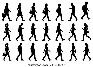 Black silhouette figures walking in different styles carrying bags backpacks and phones