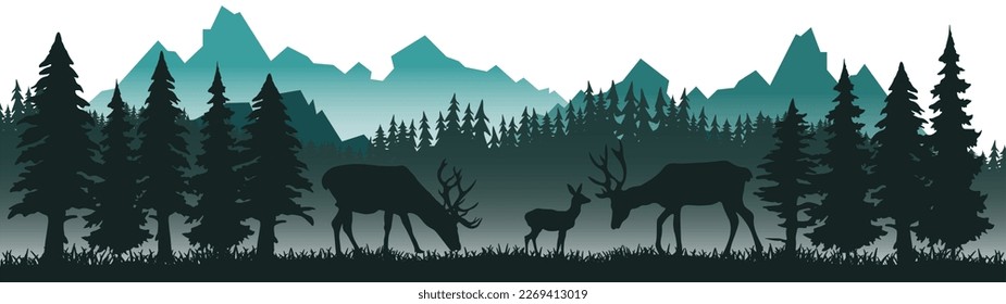 Black silhouette of fir trees and wild deer, landscape panorama illustration icon vector for forest wildlife adventure camping logo, isolated on white background