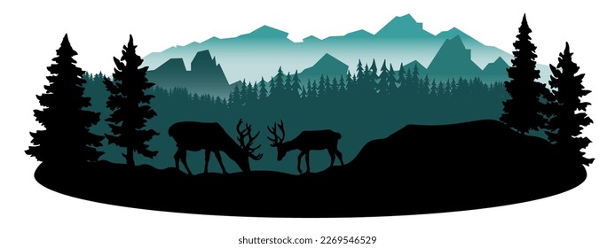 Black silhouette of fir trees and wild deer, landscape panorama illustration icon vector for forest wildlife adventure camping logo, isolated on white background	
