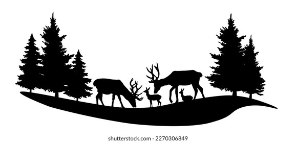 Black silhouette of fir trees and wild deer, landscape panorama illustration icon vector for forest wildlife adventure camping logo, isolated on white background