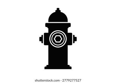 A black silhouette of a fire hydrant with a prominent central hexagonal bolt, isolated on a white background for clear usage.