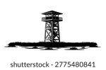 a black silhouette of a fire lookout tower on a small island