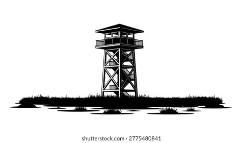 a black silhouette of a fire lookout tower on a small island