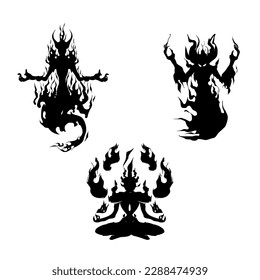 Black silhouette of a fire spirit A black and white icon of a flame soul. Flat logo of a pyromancer isolated on white background.