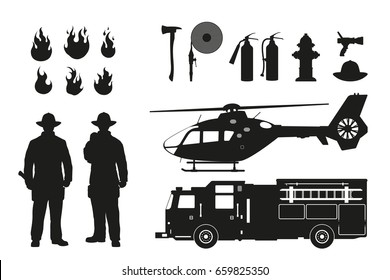 Black silhouette of firefighter and fire fighting equipment on white background. Helicopter and firemans car. Icons of flame and items. Vector illustration