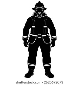A black silhouette of a firefighter in full gear, including a helmet and breathing apparatus, standing in a ready stance