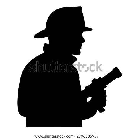 Black silhouette of a firefighter holding a hose, depicted as a vector illustration against a white background.