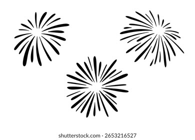 Black silhouette of a fireworks display, isolated on a white background, vector illustration. Abstract decorative graphic element for decoration, holiday, postcard. The night lights are bursting