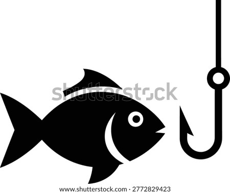 A black silhouette of a fish caught on a fishing hook representing angling and aquatic life