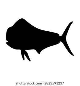 A black silhouette of a fish with a curved tail and fins, set against a plain background, emphasizing aquatic life and marine creatures.