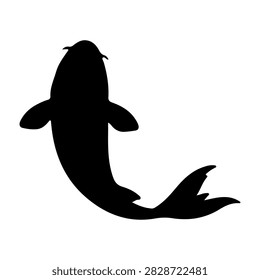 Black silhouette of a fish with a curved tail, swimming in a white background, emphasizing aquatic life and marine creatures.