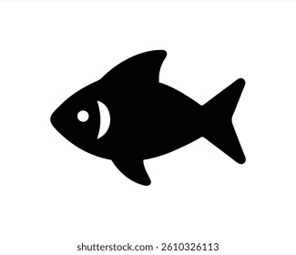 A black silhouette of a fish is depicted swimming against a white background. The fish design features a simple shape and distinct eye, conveying a minimalist art style.