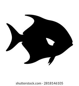 A black silhouette of a fish, highlighting its shape and fins, set against a plain white background, emphasizing aquatic life and marine creatures.