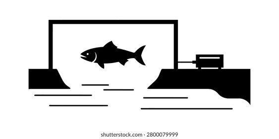 A black silhouette of a fish jumping out of water into a rectangular area.   