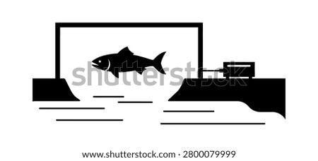 A black silhouette of a fish jumping out of water into a rectangular area.   
