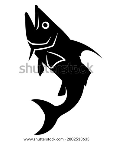 A black silhouette of a fish jumping out of the water, with its mouth open as if catching prey.
