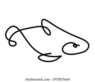 Black silhouette of fish as line drawing on white background. Vector