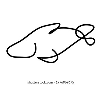 Black silhouette of fish as line drawing on white background. Vector