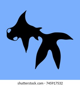 Black silhouette of a fish painted in a simple style. Vector image on a blue background.