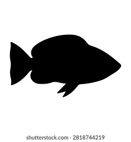 A black silhouette of a fish with a rounded body, curved fins, and tail, set against a plain background, emphasizing aquatic life and marine creatures.