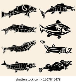 Conjunto de peces de silueta negra Ilustración vectorial