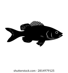 A black silhouette of a fish showcasing detailed fins, tail, and streamlined body, ideal for aquatic or marine-themed projects.
