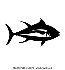 A black silhouette of a fish skeleton, highlighting the bones and structure of the aquatic creature in a minimalist style.
