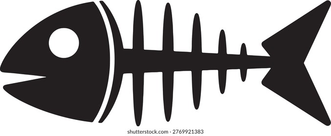 Black silhouette of a fish skeleton, representing a dead fish or remnants. Graphic element, isolated on transparent checkered background. Simple line art.