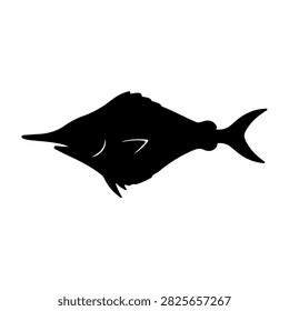 A black silhouette of a fish with a streamlined body and pointed fins, set against a plain white background, emphasizing aquatic life and marine creatures.