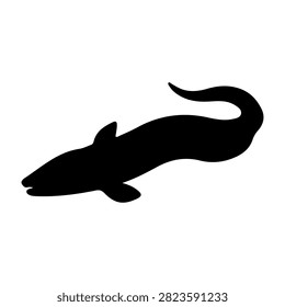 A black silhouette of a fish swimming, emphasizing aquatic life and underwater environment, suitable for nature and marine-themed projects.