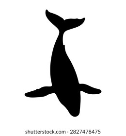 A black silhouette of a fish with its tail raised, swimming against a plain white background, emphasizing aquatic life and marine environment.