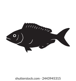 black silhouette of a Fish with thick outline side view isolated