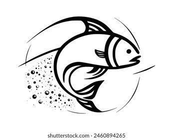 A black silhouette of a fish vector clip art. Design element for logo, label, emblem, sign, brand mark. Fish vector illustration. Vector template for Fishing.