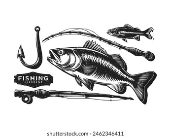 Una silueta negra de un arte de Clip de Vector de pescado. Elemento de diseño para logotipo, bote, anzuelo, caña de pescar. Ilustración vectorial de pescado. Plantilla de Vector para la pesca.