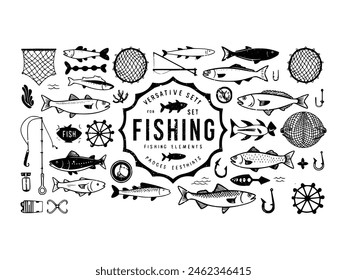 A black silhouette of a fish vector clip art. Design element for logo, boat, fishing hook, Fishing rod. Fish vector illustration. Vector template for Fishing.