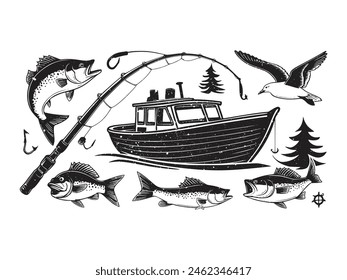 A black silhouette of a fish vector clip art. Design element for logo, boat, fishing hook, Fishing rod. Fish vector illustration. Vector template for Fishing.