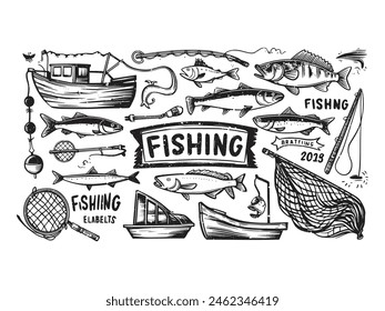 A black silhouette of a fish vector clip art. Design element for logo, boat, fishing hook, Fishing rod. Fish vector illustration. Vector template for Fishing.